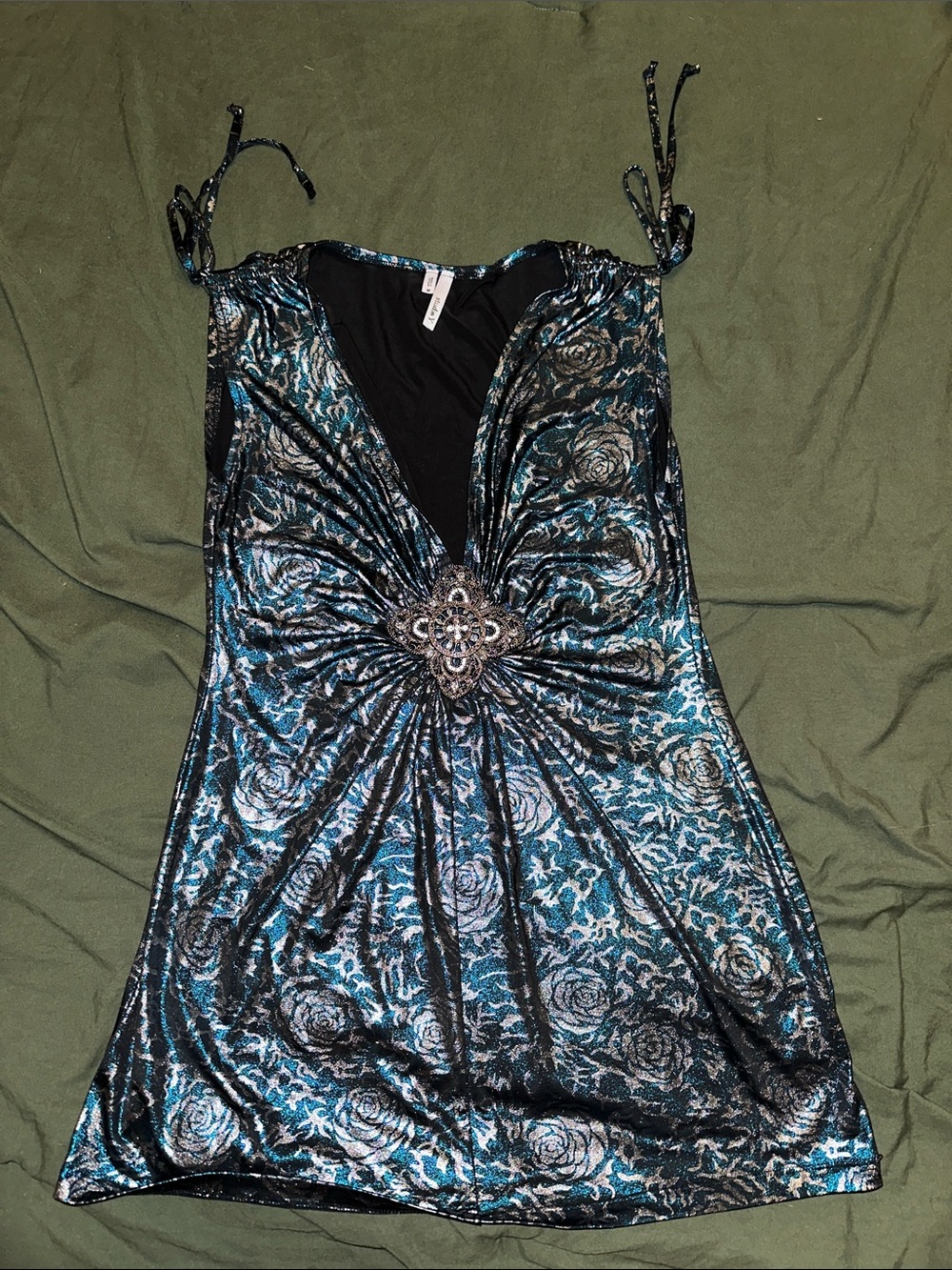 Studio Y Teal and Black Floral V-Neck Camisole with Center Embellishment